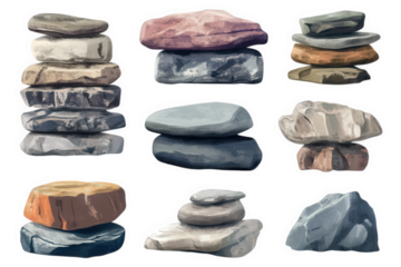 Stacked Stones Collection Diverse Rock Formations, on transparent background