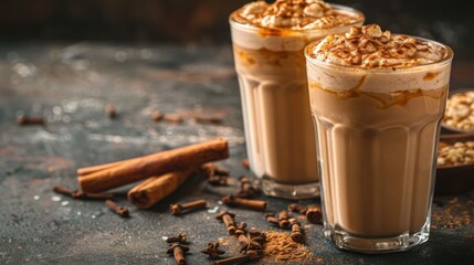 Two glasses of creamy coffee topped with whipped cream and caramel, surrounded by spices.