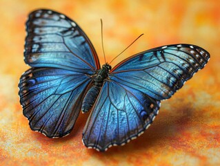 blue morpho butterfly displays its stunning radiant wings in serene environment. shimmering hues reveal intricate patterns and beauty of captivating species.