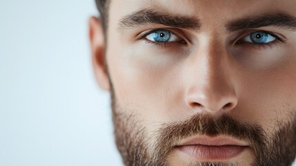 Man with a beard and blue eyes. The man has a serious look on his face. Concept of confidence and masculinity