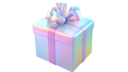 Obraz premium 3D holographic pastel gradient gift box with a glossy finish and intricate ribbon, ideal for celebrations. Isolated on transparent background