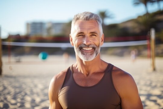 Portrait of smiling senior man playing volleyball on beach during sunny day