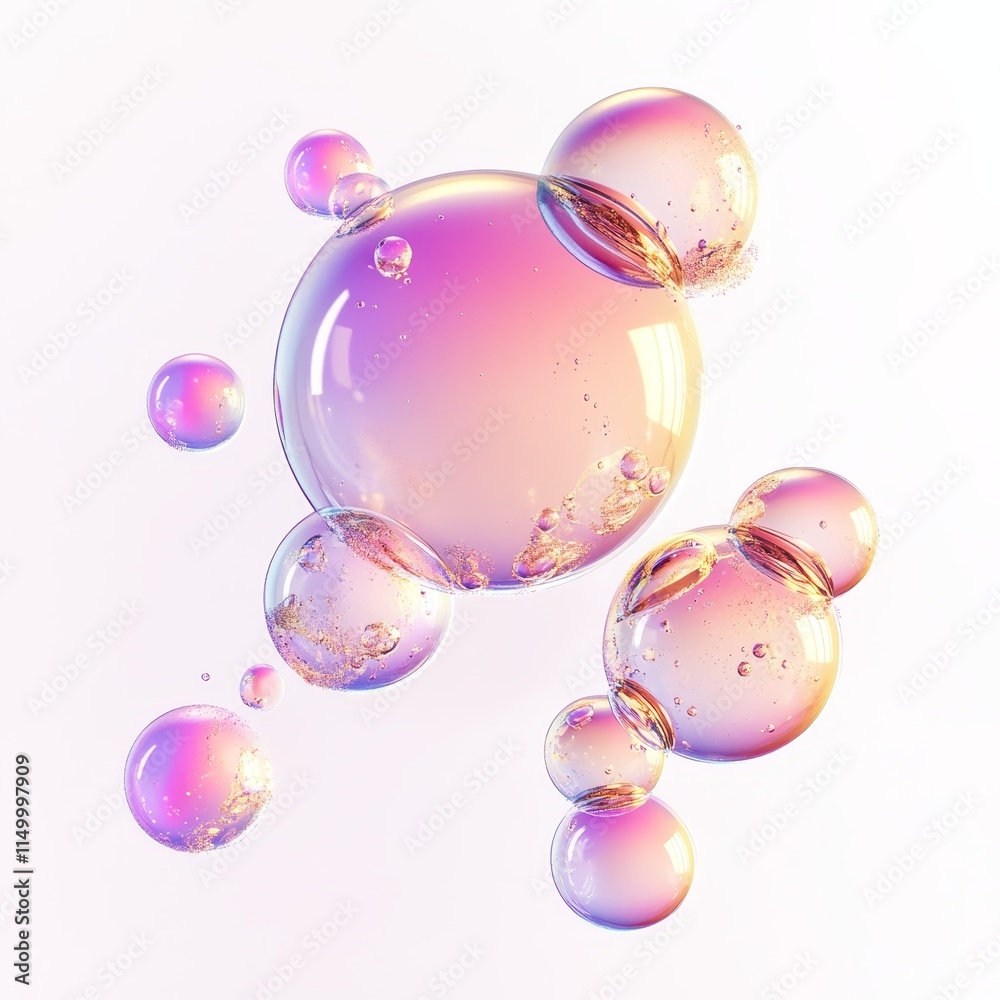Poster abstract iridescent bubbles floating on white background.