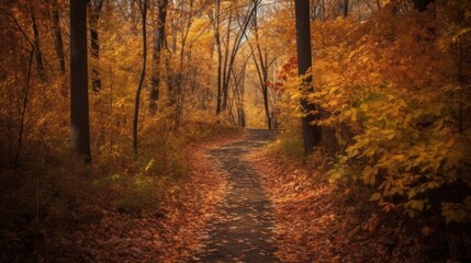 Autumn Path Through Golden Forest Woods