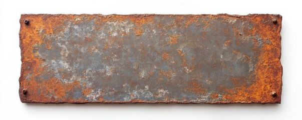 Rusty metal plate with rivets, isolated on white background.