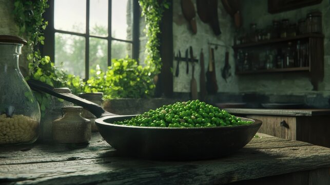 yorkshire mushy peas ingredients in frying pan and peas in bowl with mint shallot pepper and salt side view over old pub wood table .