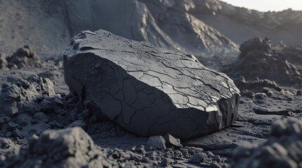 Rugged volcanic rock with a porous texture, deep black and gray tones, natural rough edges, detailed surface cracks, surrounded by ash and debris, set in a realistic outdoor volcanic landscape
