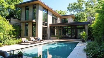 Fototapeta premium Modern Brick Home with Pool and Lush Landscaping