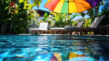 a colorful umbrella by the pool, with the crystal-clear water reflecting its vibrant hues,