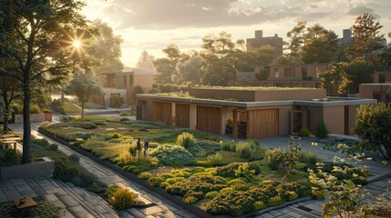 Obraz premium A serene residential area with modern architecture and lush landscaping.