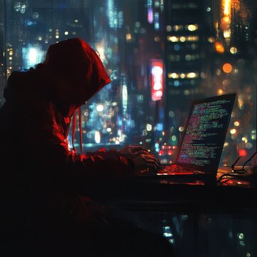 A hooded hacker is sitting at a desk with a laptop in front of them, the screen filled with code, in front of a blurred city lights background.