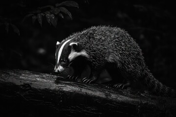 Obraz premium A black and white image of a badger walking on a log in a forested environment.
