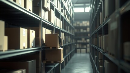 A warehouse aisle filled with stacked cardboard boxes on shelves.