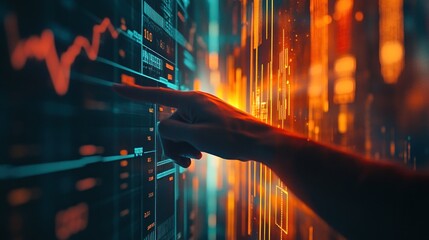 A hand interacts with a digital display of financial data and trends.