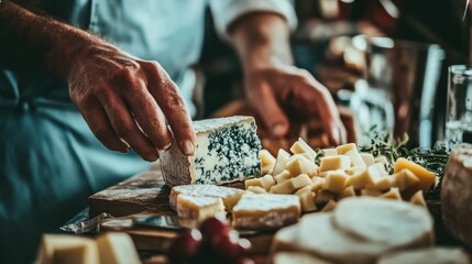 A person slicing cheese on a wooden board with various cheese types and garnishes.