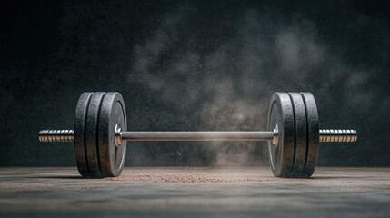heavy barbell rests on gym floor surrounded by dust, evoking strength and focus