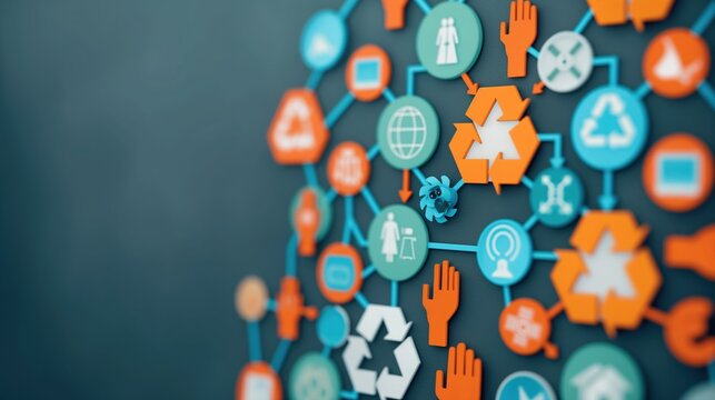 A colorful array of icons representing sustainability, recycling, and technology interconnected on a dark background, symbolizing environmental awareness.