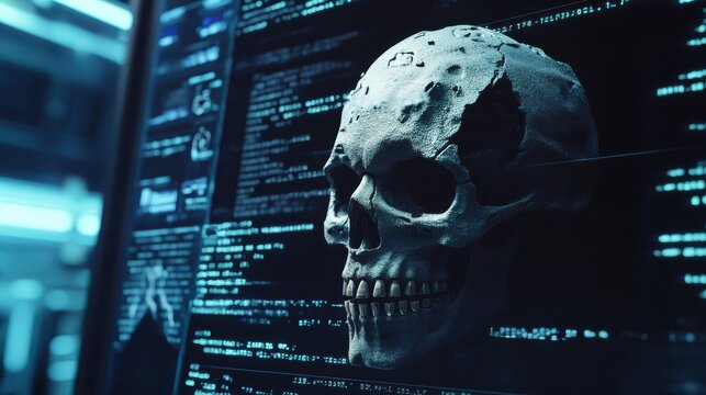 Computer code on a screen with a skull representing a computer virus / malware attack.