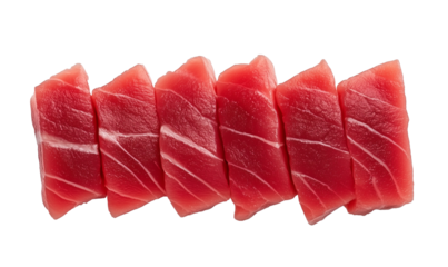 sliced red raw tuna arranged in a row, pieces of fresh tuna cuts sashimi fillet, cutout png