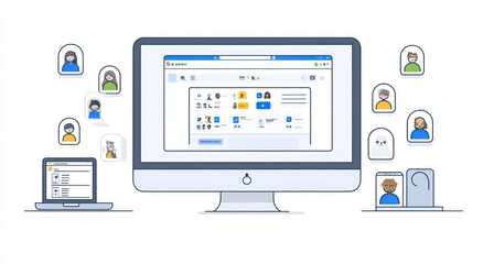 Illustration of digital communication and collaboration tools on computer screens.