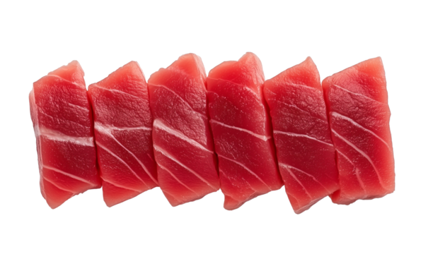 sliced red raw tuna arranged in a row, pieces of fresh tuna cuts sashimi fillet, cutout png