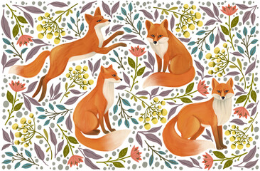 Foxes, flowers and leaves . High quality illustration

