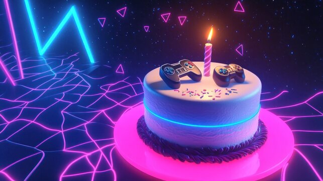 A vibrant birthday cake with gaming controllers and a candle, set in a neon-themed background.