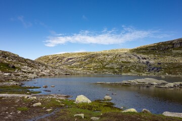 Landscape with clear water lake on trail to Trolltunga, Norway