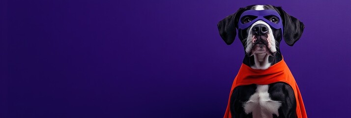 A dog dressed as a superhero with a cape and mask against a purple background.