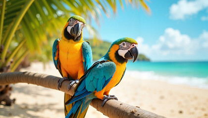  Two colorful parrots on a palm tree branch at the beach.