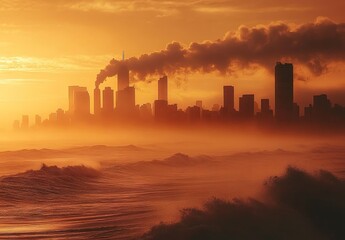 Fototapeta premium A photo of the skyline of a future city in which thick smoke is rising from an industrial plant. 