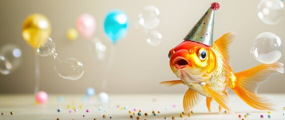A festive goldfish wearing a party hat amidst balloons and bubbles, celebrating a joyful occasion.