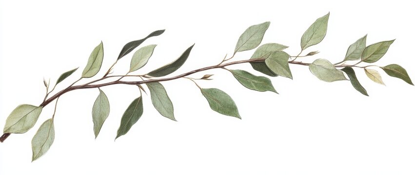 Single elegant green branch with leaves isolated on white.