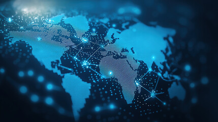 Digital world map with animated data points and connections, showcasing global networks