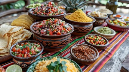 A vibrant spread of Mexican dishes featuring salsas, toppings, and tortillas for a festive meal.