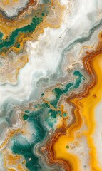 Abstract agate stone texture with flowing patterns of white, gold, and emerald green colors.