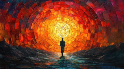 Abstract painting of a person walking towards a swirling sun-like vortex.