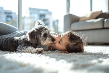 A girl playfully interacts with her dog while lying on a cozy carpet in a bright room.