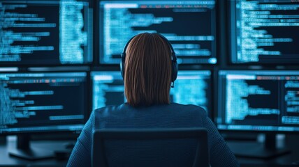 Tech professional monitoring data on multiple screens in a dark environment