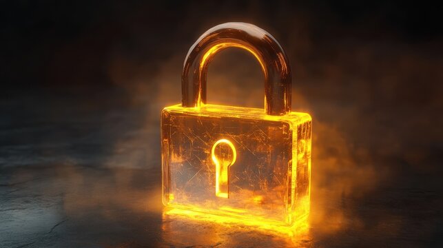 Transparent padlock, digital security concept, glowing background