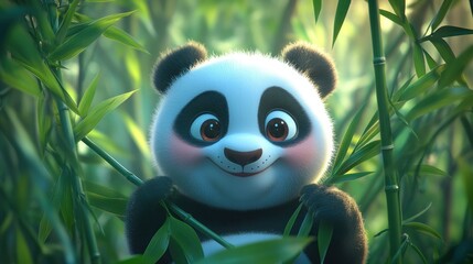 A cute panda cartoon character smiling amidst bamboo foliage.