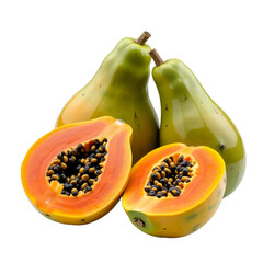 Sliced papaya with black seeds Green pears against black background Papaya halves