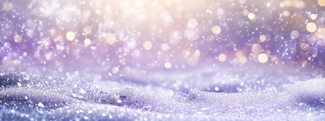 Magical winter wonderland scene with sparkling snow and soft bokeh lights.