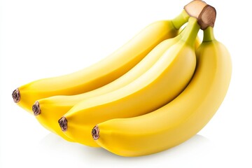 Four ripe yellow bananas, clustered together on a white background. (1)