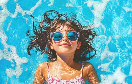 A little girl wearing sunglasses is relaxing in the swimming pool, a summer vacation concept