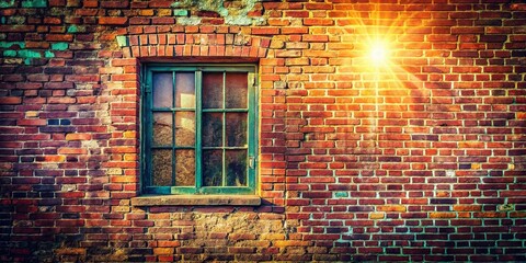 Fototapeta premium Vintage Window Wall: Sunlit Room with Aged Brickwork and Glowing Light