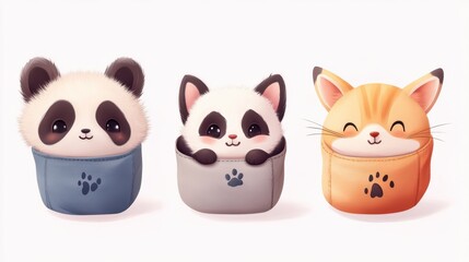 Fototapeta premium Cute pocket animal. Cartoon pockets kitten, dog and bunny. Happy friends for kids, adorable pets print. Funny nowaday panda, fox and cats vector kit