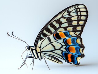 common jay butterfly displays its vibrant black and blue striped wings while resting elegantly. striking specimen is captured against pristine white background.