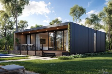 Obraz premium A modern, small two-story tiny house with black metal cladding and a wooden facade