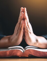 Generated image  Christian hands folded for prayer with a holy bible on a wooden table in church for worship